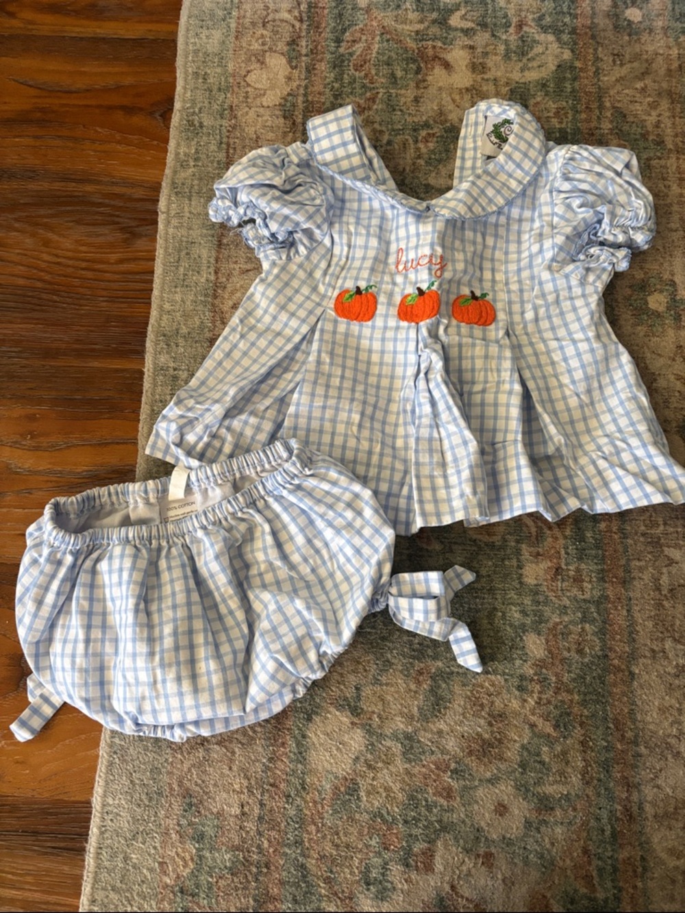 Blue Gingham LUCY Two-Piece Baby Set with Pumpkin Embroidery